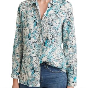 Tahari Breezy fun blue Linen roll tab sleeve bird print button down Tunic Blouse